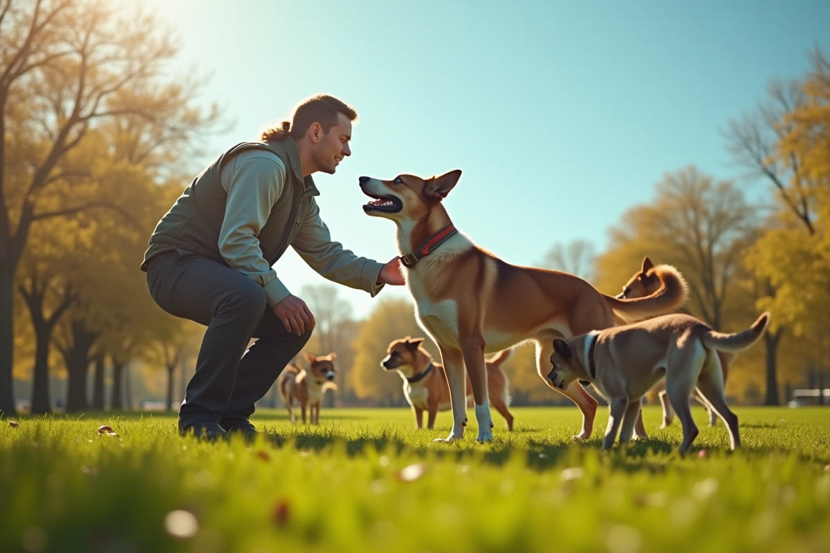 Agent de sauvetage animal approchant des chiens dans un parc ensoleille