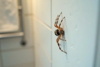 Araignée domestique dans le coin d'une salle de bain d'appartement, posée sur un mur blanc avec un fond flou de carrelage