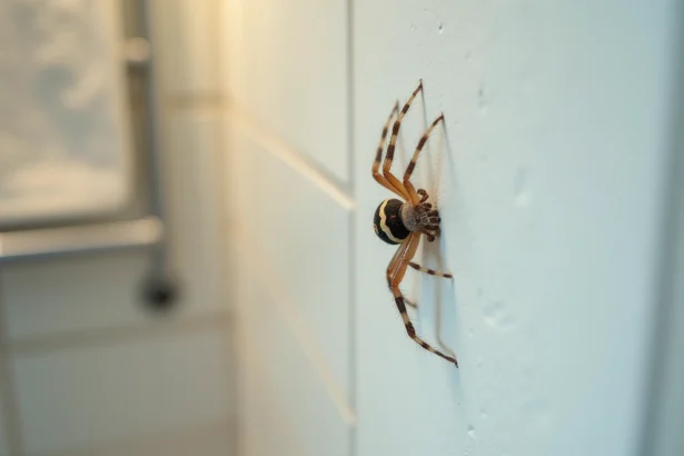 Araignée domestique dans le coin d'une salle de bain d'appartement, posée sur un mur blanc avec un fond flou de carrelage