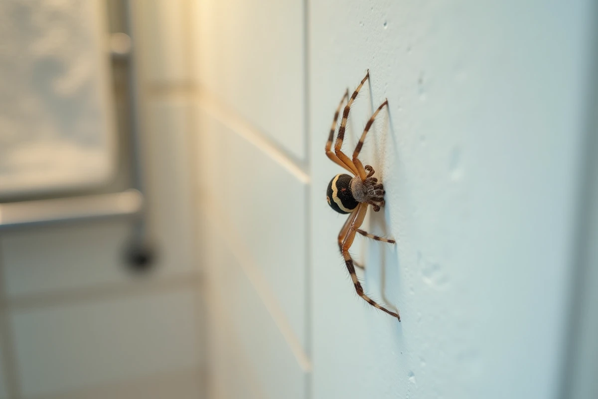 Araignée domestique dans le coin d'une salle de bain d'appartement, posée sur un mur blanc avec un fond flou de carrelage