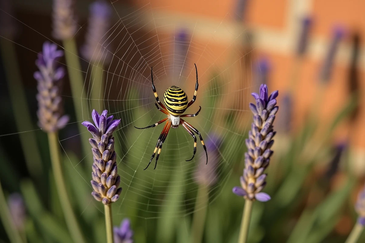 Araignée Argiope bruennichi sur sa toile dans un jardin provençal avec tiges de lavande et rosée du matin