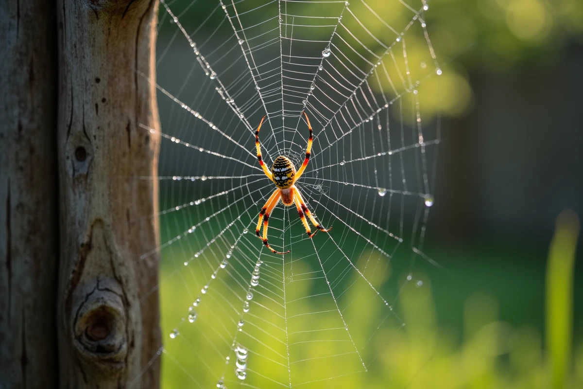 Araignée épeire diadème au centre de sa toile couverte de rosée dans un jardin extérieur entre deux poteaux en bois