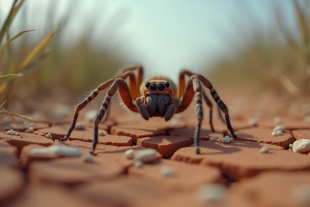 Araignée lycose tarentule photographiée au ras du sol argileux rouge de la Camargue en France