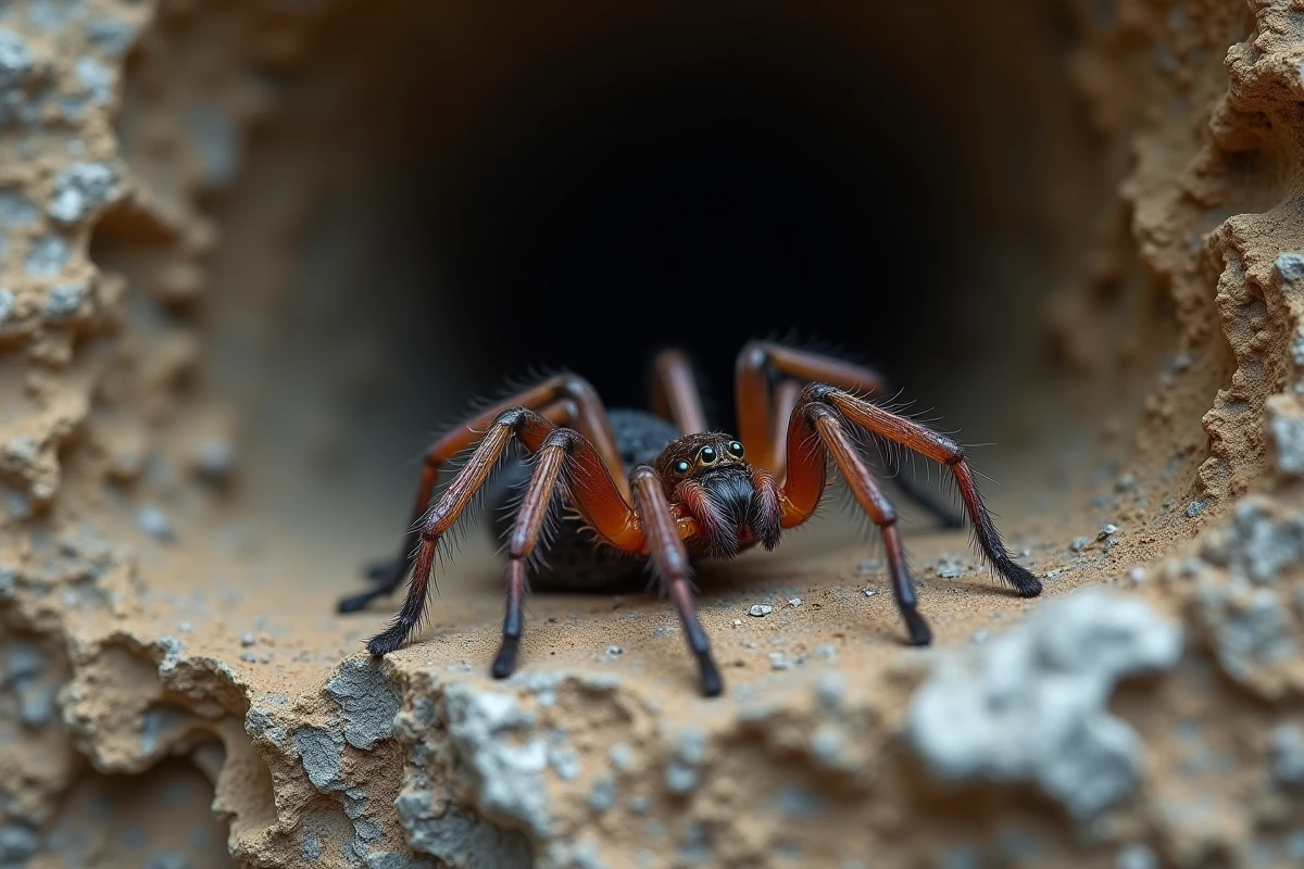Araignée des caves Meta menardi sur une paroi en pierre calcaire dans une cave du sud de la France