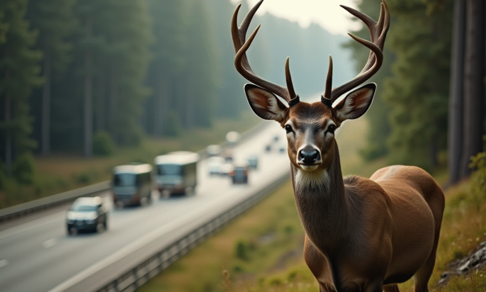Cerf sauvage près d'une forêt dense avec autoroute en arrière-plan