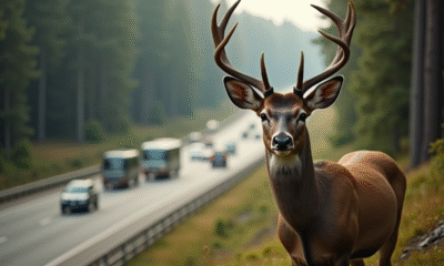 Cerf sauvage près d'une forêt dense avec autoroute en arrière-plan