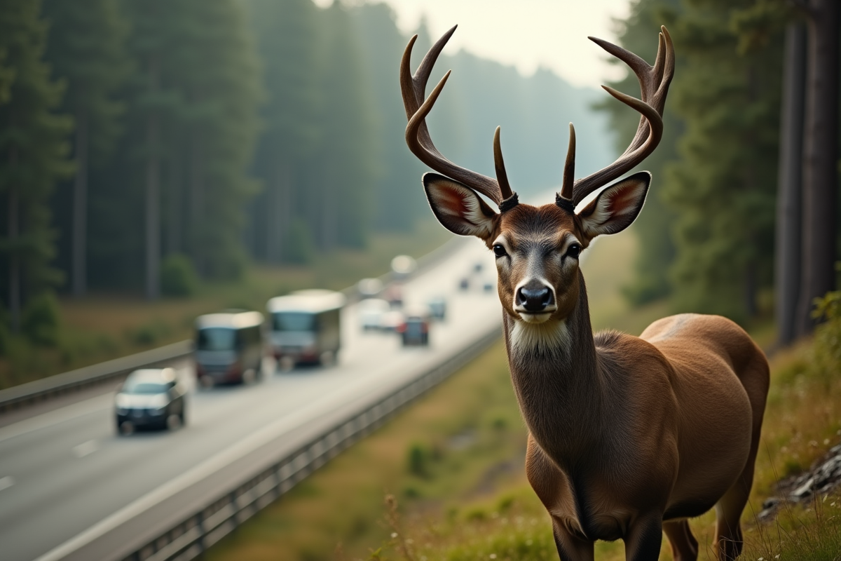 Cerf sauvage près d'une forêt dense avec autoroute en arrière-plan
