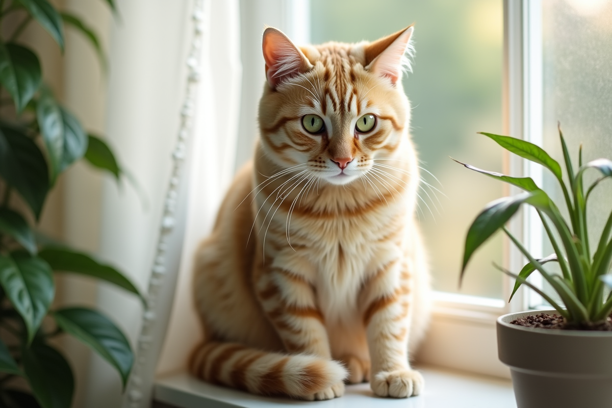 Chat beige aux yeux verts sur une fenêtre en intérieur