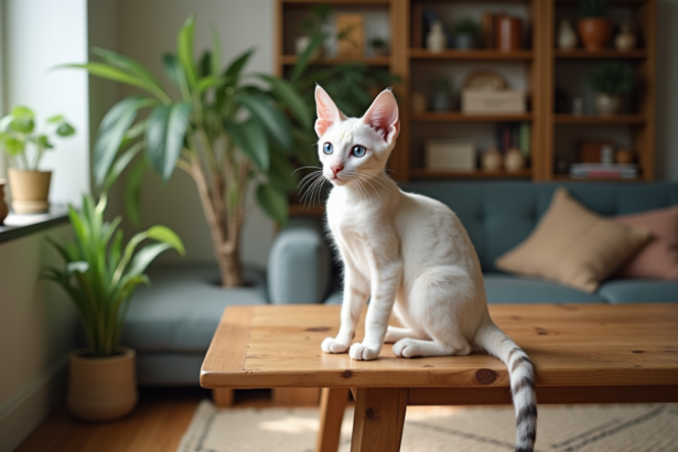 Chat Bengal blanc sur une table en bois dans un salon lumineux