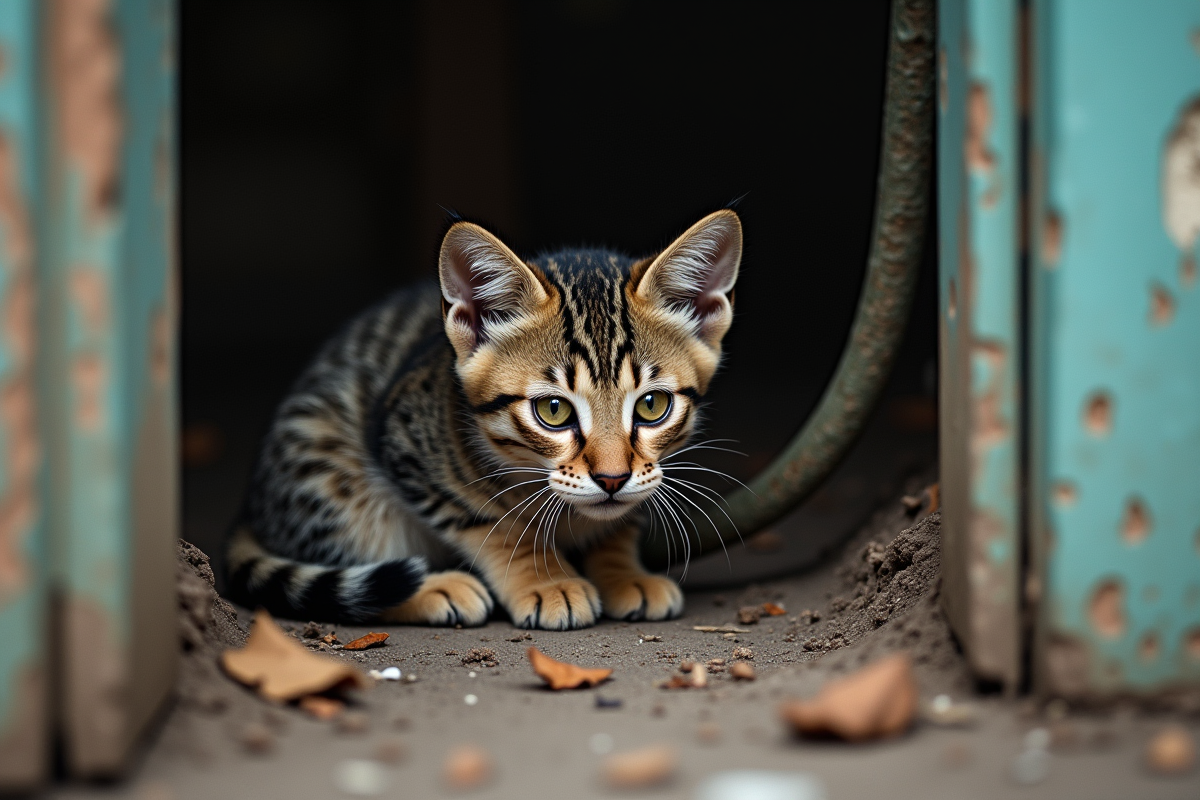 Chat tacheté sous une marche de porche avec regard inquiet