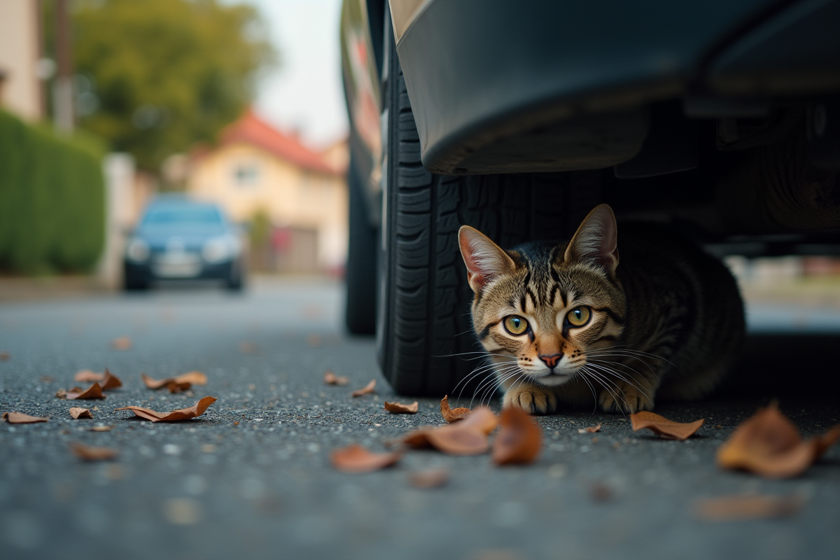 Chat tacheté caché sous une voiture dans une rue de banlieue