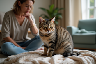 Chat tabby âgé sur un plaid beige dans un salon cosy