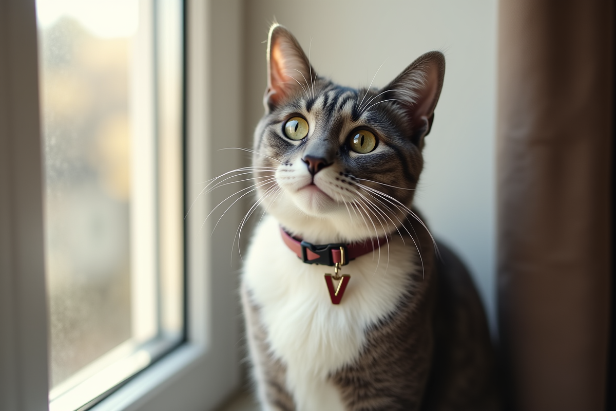 Chat gris et blanc sur la fenêtre en lumière naturelle