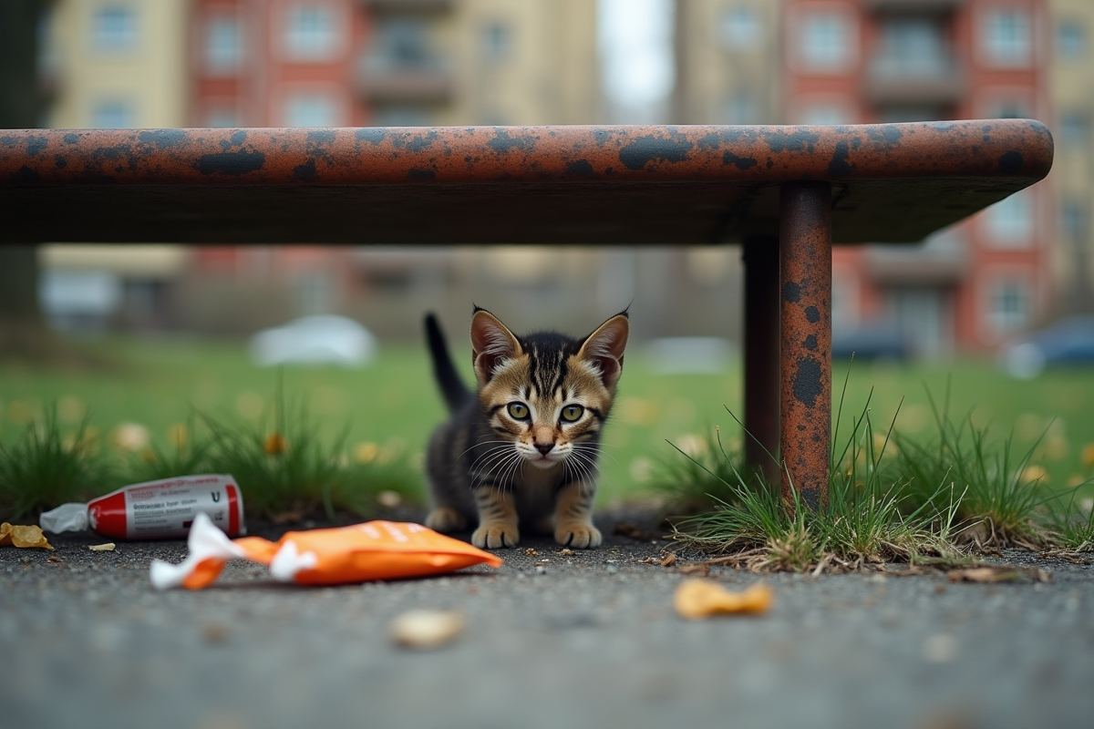 Chat errant regardant depuis un banc dans un parc urbain