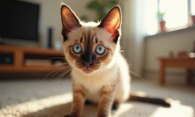 Chat siamois aux yeux bleus dans un salon ensoleille