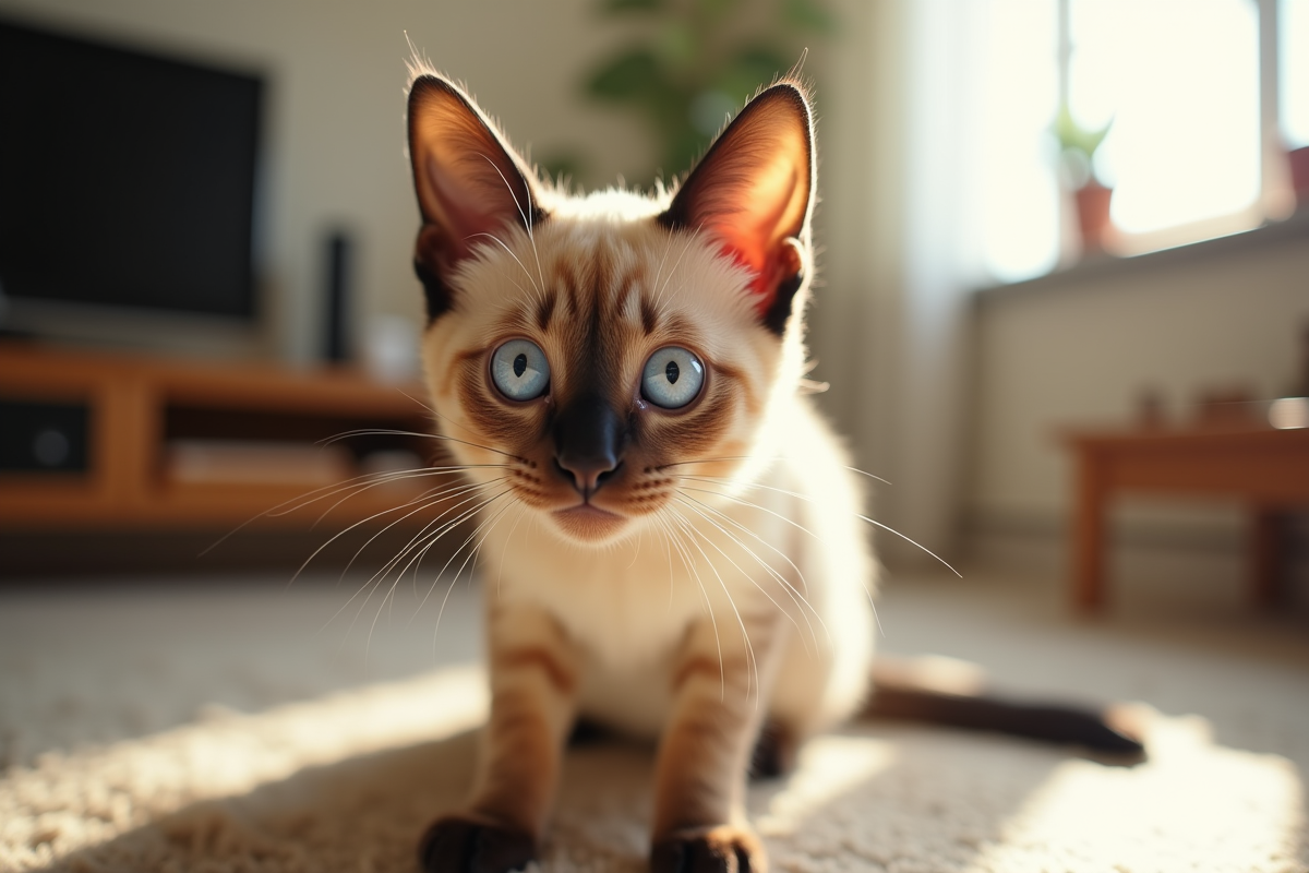 Chat siamois aux yeux bleus dans un salon ensoleille