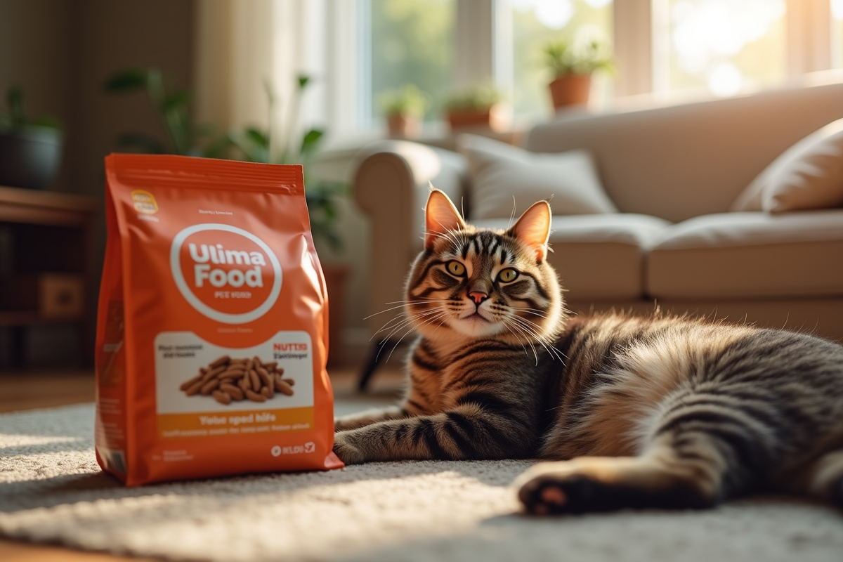 Chat tacheté relaxant près d’un sac de nourriture Ultima dans un salon cosy