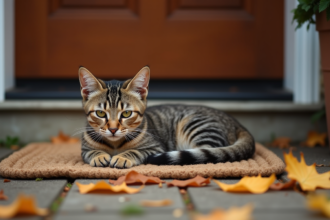 Chat domestique tabby couché sur un paillasson en automne