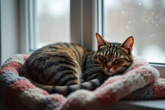 Chat domestique tacheté sur une couverture en laine en hiver