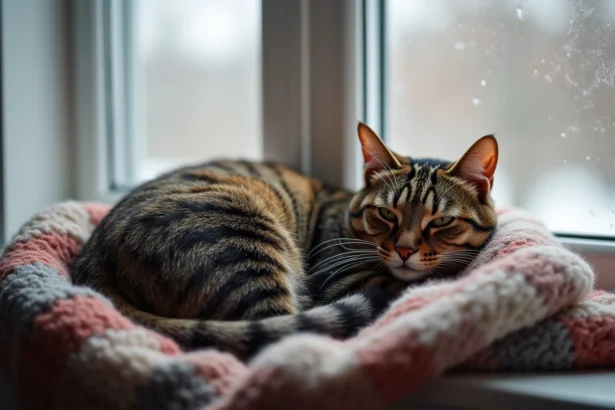 Chat domestique tacheté sur une couverture en laine en hiver