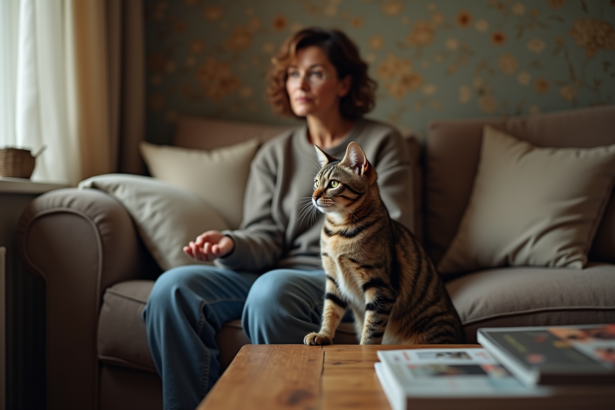 Chat tabby inquiet assis près d'une femme dans un salon