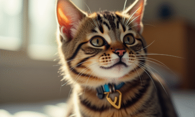 Chat tabby joueur avec collier V en gros plan