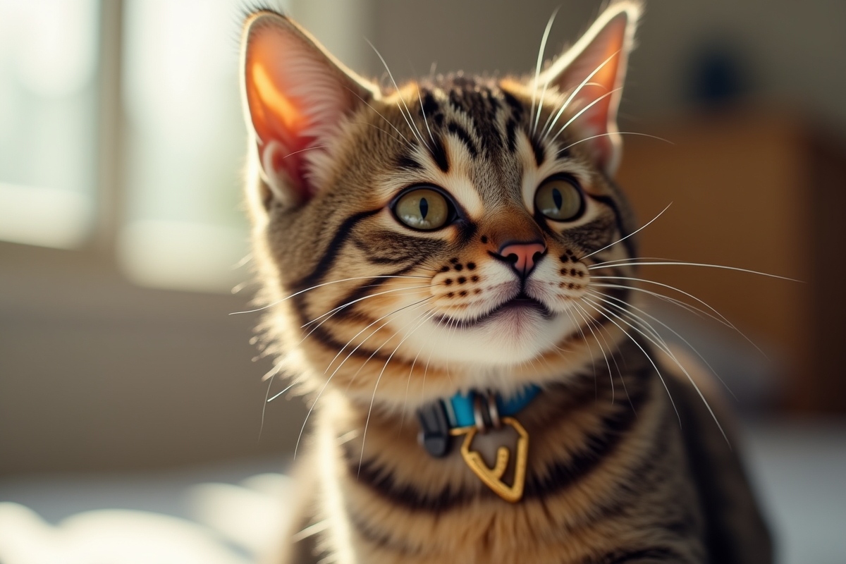 Chat tabby joueur avec collier V en gros plan