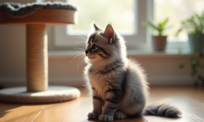 Chaton angora gris assis sur un sol en bois lumineux