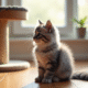 Chaton angora gris assis sur un sol en bois lumineux