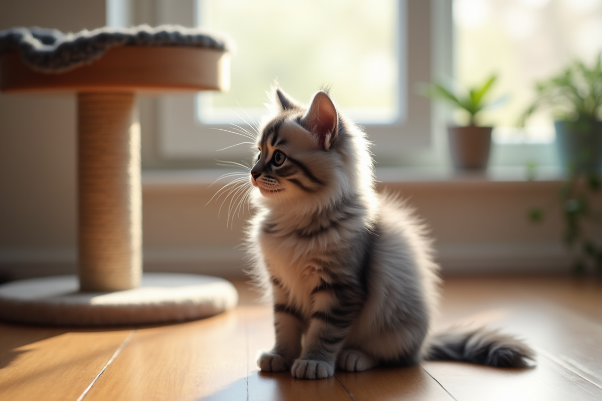 Chaton angora gris assis sur un sol en bois lumineux