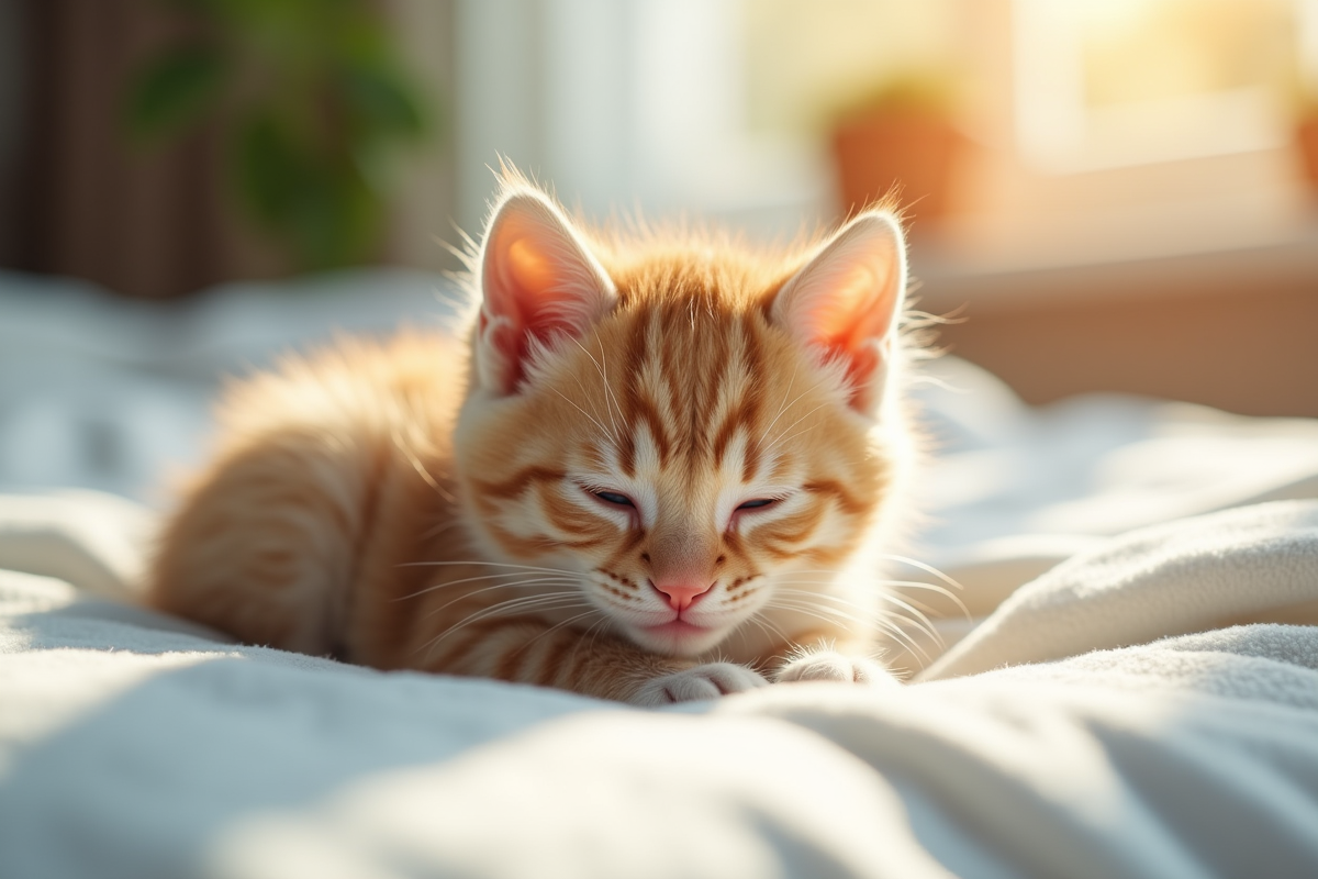 Chaton joueur reposant sur une couverture blanche en ambiance chaleureuse