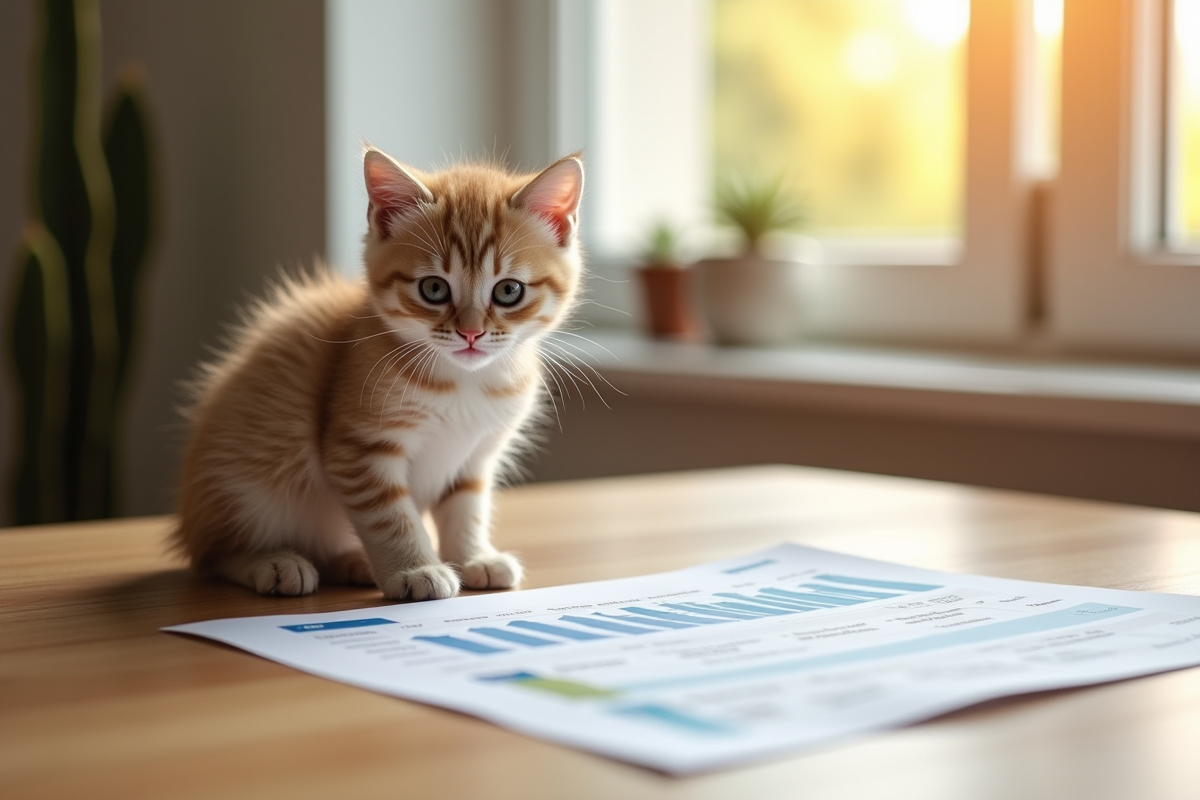 Chaton heureux près de documents de santé sur une table en bois