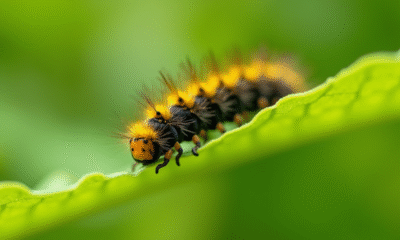 Chenille jaune et noire sur une feuille verte lumineuse