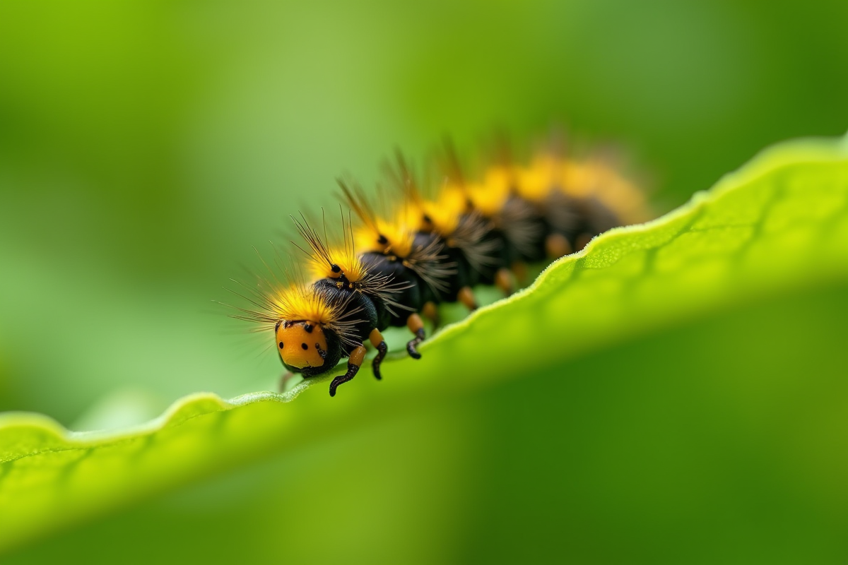 Chenille jaune et noire sur une feuille verte lumineuse