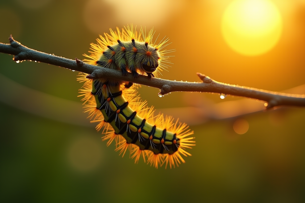 Chenille suspendue sur branche au lever du soleil