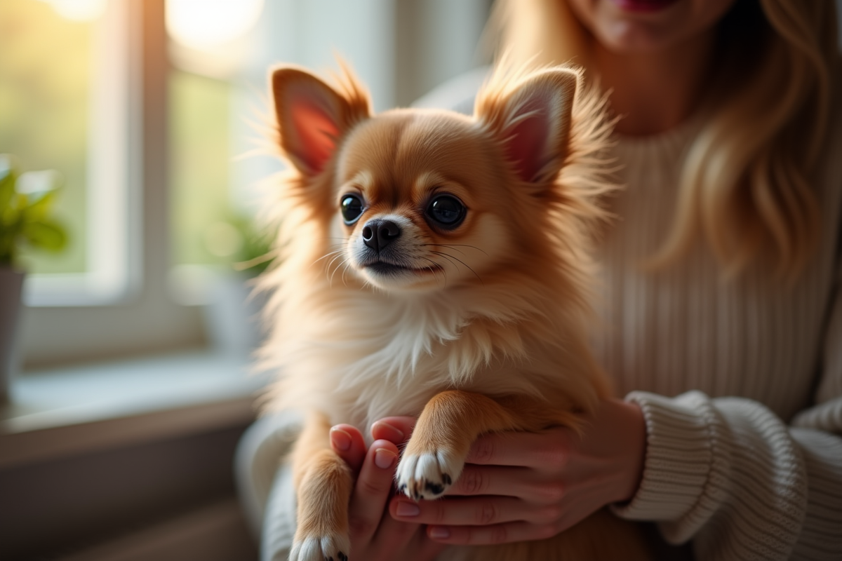 Chihuahua longhair tenu dans les mains à l intérieur