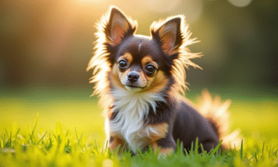 Chihuahua à poil long sur pelouse verte en plein soleil