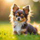 Chihuahua à poil long sur pelouse verte en plein soleil