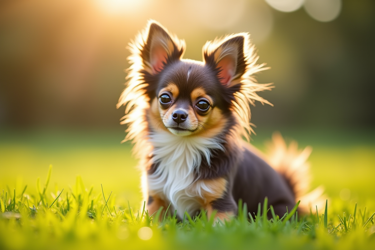 Chihuahua à poil long sur pelouse verte en plein soleil