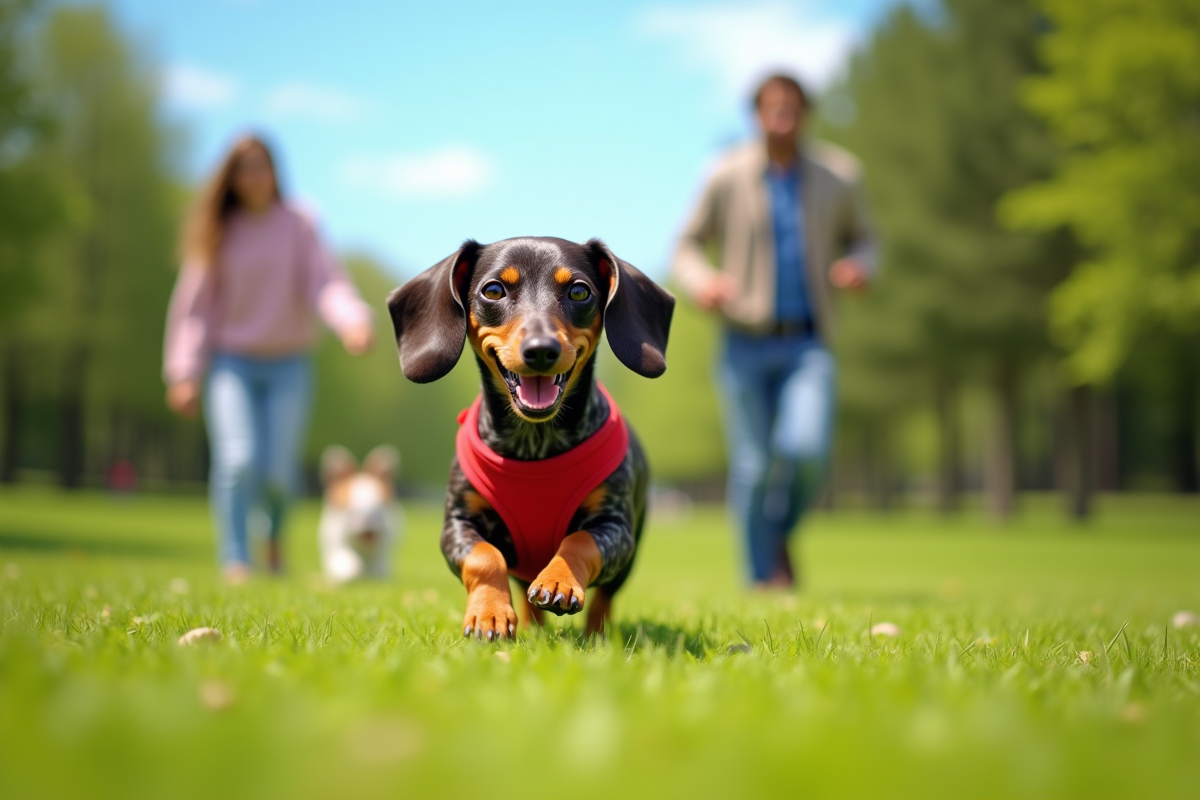 Chien teckel miniature courant dans un parc ensoleille