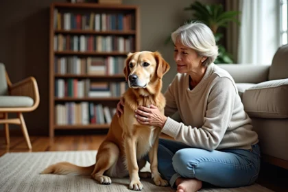 Chien doré retriever et femme âgée dans un salon