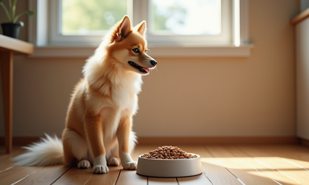 Finnish Spitz assis près d'une gamelle de nourriture naturelle
