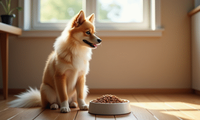 Finnish Spitz assis près d'une gamelle de nourriture naturelle