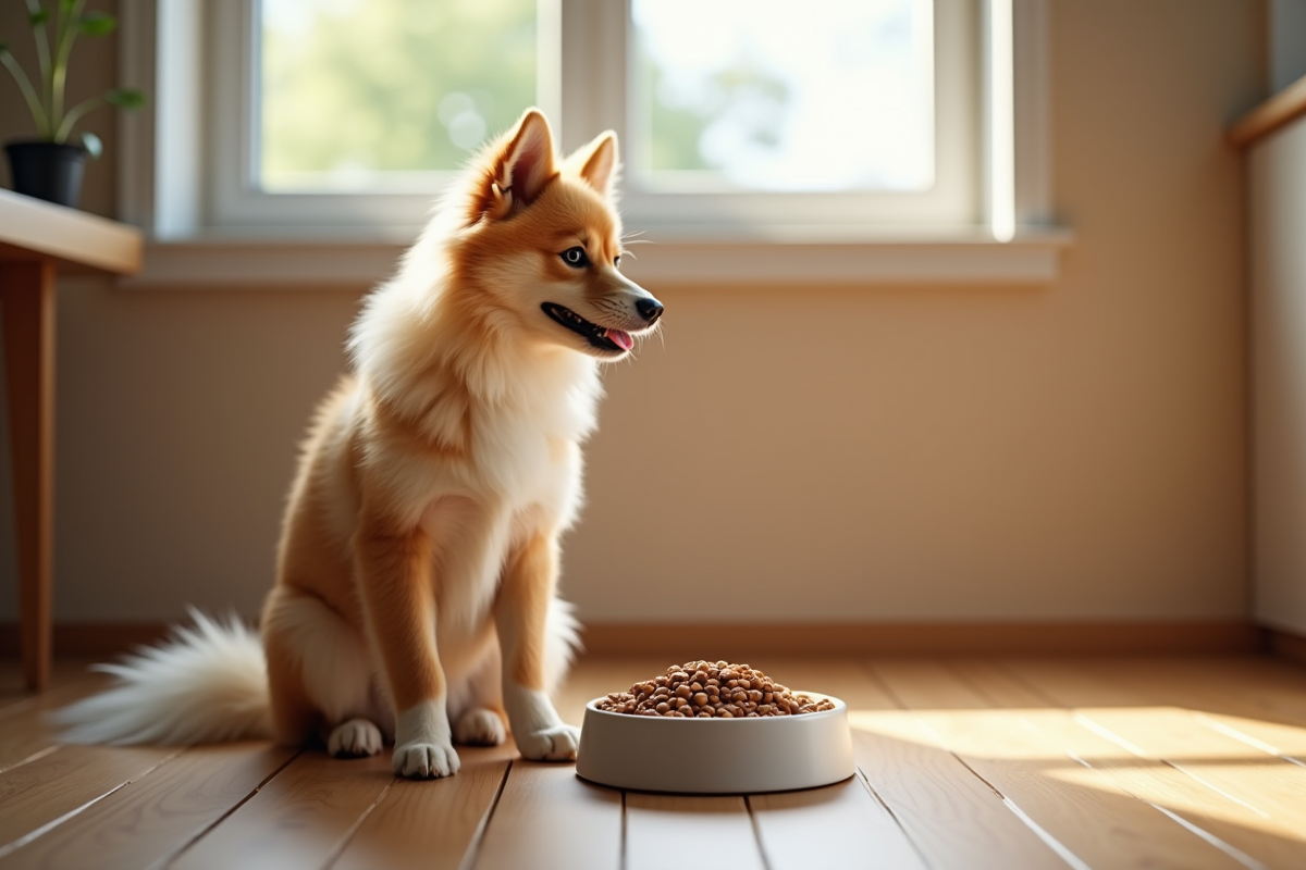 Finnish Spitz assis près d'une gamelle de nourriture naturelle