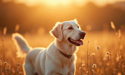 Golden retriever blanc dans un champ ensoleille lors de l'heure dorée