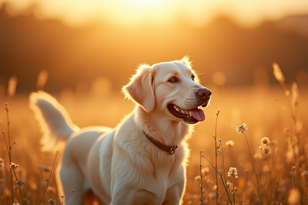 Golden retriever blanc dans un champ ensoleille lors de l'heure dorée