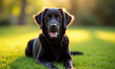 Golden retriever noir assis sur une pelouse verte en plein jour
