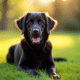 Golden retriever noir assis sur une pelouse verte en plein jour