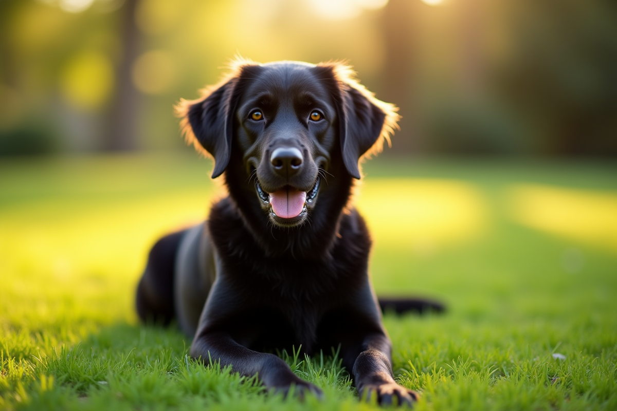 Golden retriever noir assis sur une pelouse verte en plein jour