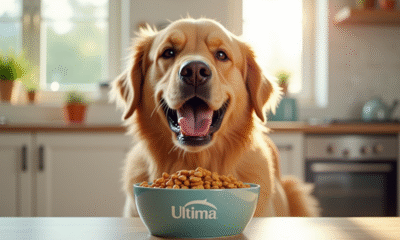 Chien golden retriever mangeant des croquettes Ultima dans une cuisine lumineuse